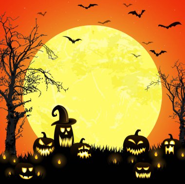 Korkunç cadılar bayramı ölü ağacı. Dolunayın önünde yarasalı korkunç balkabaklarıyla.