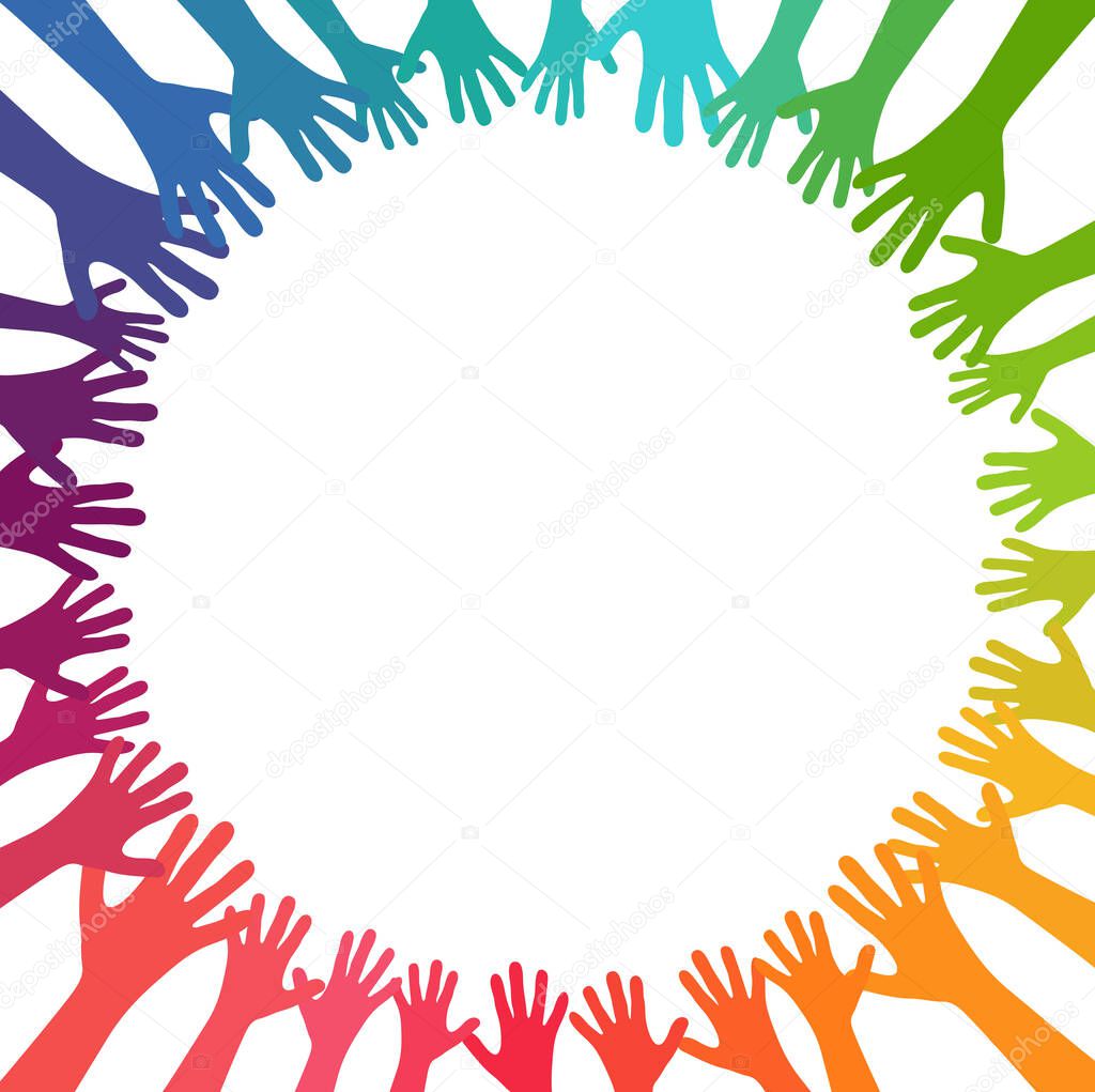 EPS vector illustration of many different colored people stretch their hands up in a circle symbolizing cooperation or diversity friendship