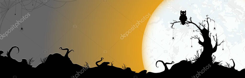 spooky dark owl sitting on a dead tree in front of a full moon with other scary illustrated elements for Halloween party background layouts