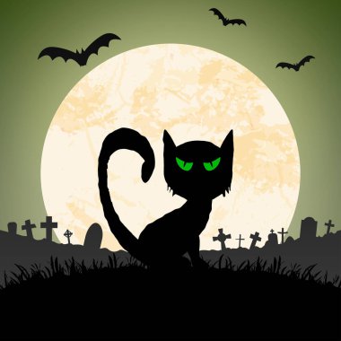Mezar taşları ve Cadılar Bayramı arka planı için çizilmiş diğer korkunç resimlerle dolu dolunay önünde ürkütücü bir kedi.