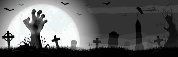 Untote Zombie Hand Vor Vollmond Mit Gruseligen Illustrationselementen Für Halloween — Stockvektor