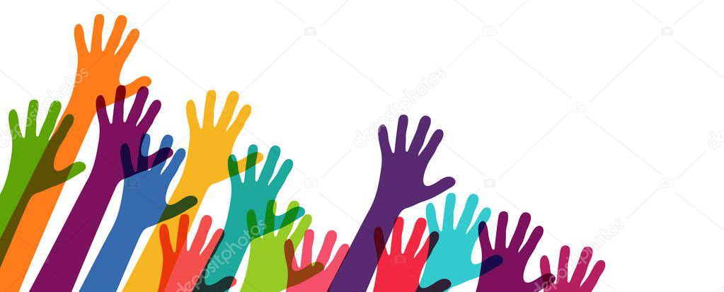 EPS vector illustration of many different colored people stretch their hands up symbolizing cooperation or diversity friendship