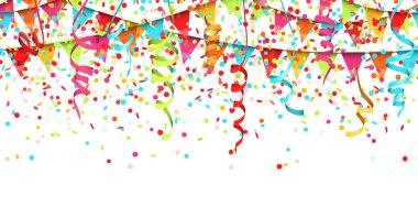 Parti veya karnaval kullanımı için beyaz arka planda pürüzsüz renkli konfeti, çelenk ve flamaların vektör çizimi