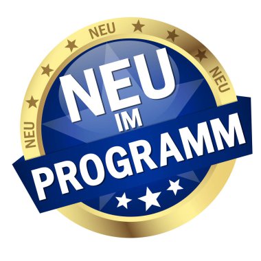 EPS 10 vektörü bayrak ve metin ile yuvarlak renkli düğme Yeni programmm (Almanca)