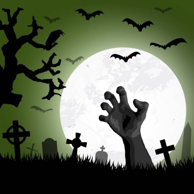 Zombi eli dolunayın önünde, Cadılar Bayramı arka plan planları için çizilmiş korkutucu elementlerle.