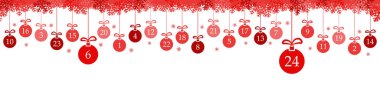 Noel süsleri asılıyor. Kırmızıya boyanmış. 1 'den 24' e kadar rakamlar var. Xmas ve kış zamanı konseptleri için takvim gösteriliyor.