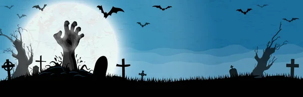 Zombie Händer Framför Fullmåne Med Skrämmande Illustrerade Element För Halloween — Stock vektor