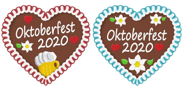 Corazones Jengibre Ilustrados Con Texto Alemán Para Oktoberfest 2020 2021 — Vector de stock