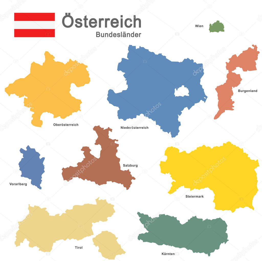 colored silhouettes of Austria and the federal states