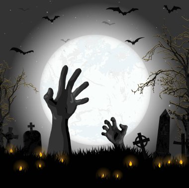 EPS 10 vektör illüstrasyonu. Dolunayın önünde ölümsüz eller ve Cadılar Bayramı arka plan planları için çizilmiş korkutucu elementler.