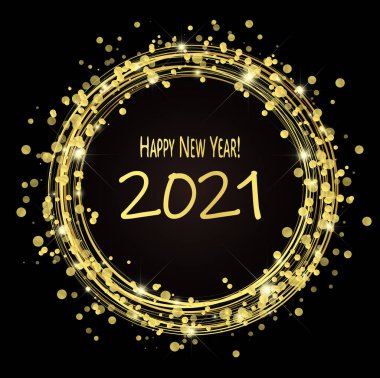 Noktalı ve parıltılı yıldırımlar koyu arka planda altın rengine boyanmış. Mutlu yıllar 2021.