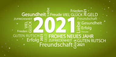 Yeni yıla ait kelime bulutlu vektör dosyasını 2021 ile selamlar ve yeşil arkaplan