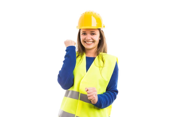 Young Cheerful Attractive Female Engineer Architect Making Happiness Gesture Successful — Stock Photo, Image