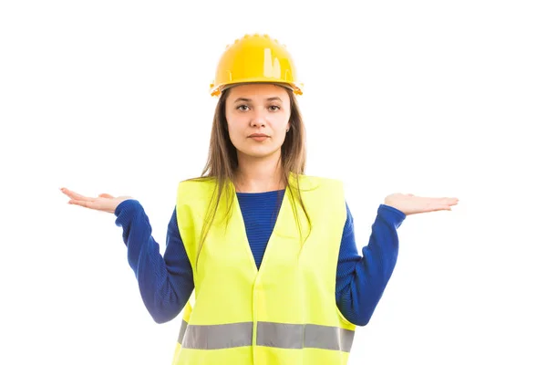 Young Attractive Female Architect Woman Engineer Holding Alternatives Hands Balance — Stock Photo, Image