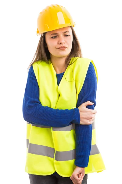 Joven Arquitecta Ingeniera Sintiendo Dolor Codo Sosteniendo Brazo Doloroso Como — Foto de Stock