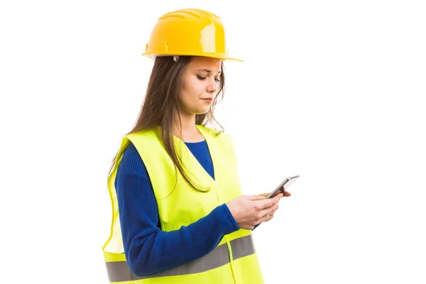 Young Female Architect Engineer Texting Smartphone Technology Communication Concept Isolated — Stock Photo, Image
