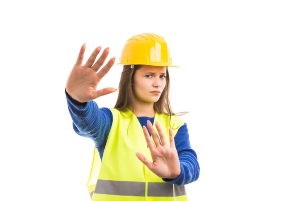 Unhappy Young Female Architect Engineer Making Defensive Gesture Palms Denial — Stock Photo, Image