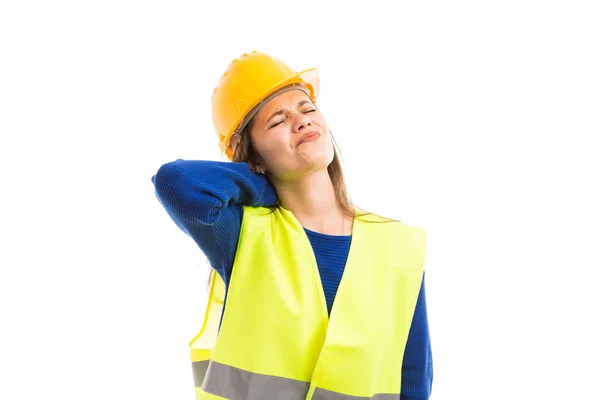 Young Woman Engineer Architect Feeling Neck Pain Cramp Because Stress — Stock Photo, Image