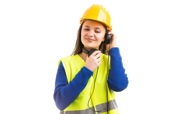 Young Female Engineer Architect Listening Music Headphones Relaxing Work Break — Stock Photo, Image