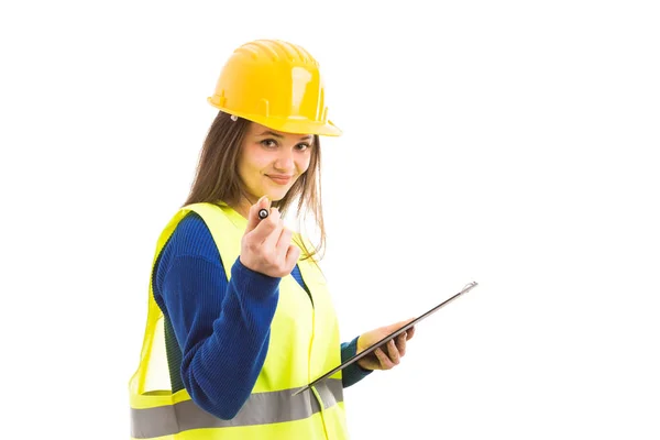 Young Female Architect Engineer Holding Clipboard Pointing Pen While Smiling — Stock Photo, Image