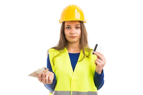 Young Female Engineer Architect Holding Cash Salary Credit Card Payment — Stock Photo, Image