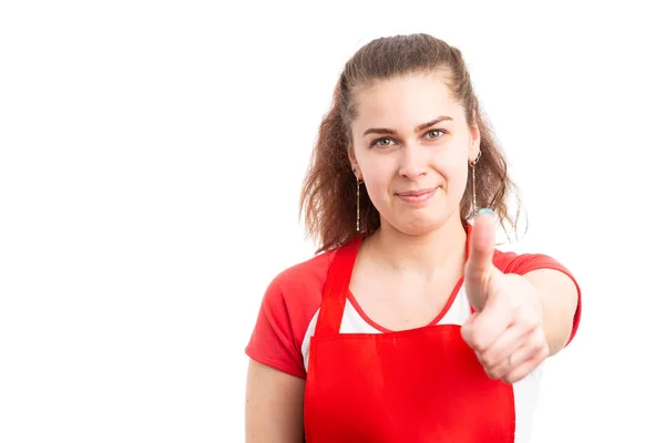 Молодая Женщина Работница Супермаркета Показывает Большие Пальцы Вверх Жест Счастливый — стоковое фото