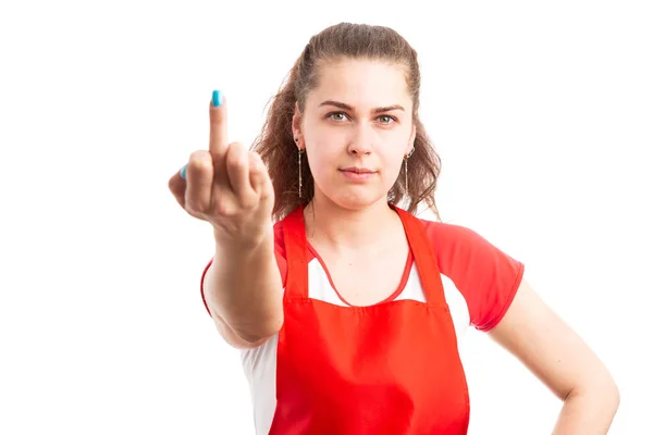 Pekerja Supermarket Perempuan Muda Membuat Gerakan Vulgar Dengan Jari Tengah — Stok Foto