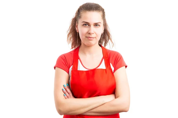 Jeune Femme Employé Supermarché Commerçant Avec Les Mains Croisées Comme — Photo