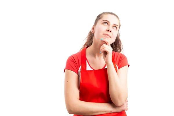 Young Woman Shop Owner Making Imagining Gesture Looking Pensive Thinking — Stock Photo, Image