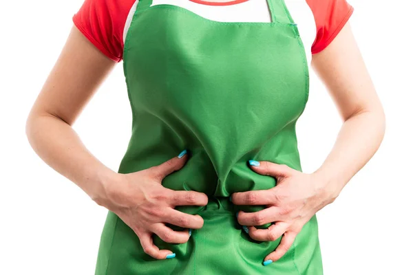 Close Female Supermarket Employee Hands Grabbing Bloated Belly Painful Indigestion — Stock Photo, Image