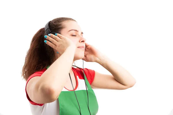 Mujer Joven Tendero Trabajador Minorista Relajarse Escuchando Música Los Auriculares — Foto de Stock
