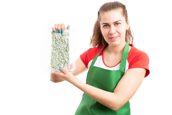 Young Saleswoman Female Shop Assistant Presenting Frozen Peas Product Supermarket — Stock Photo, Image