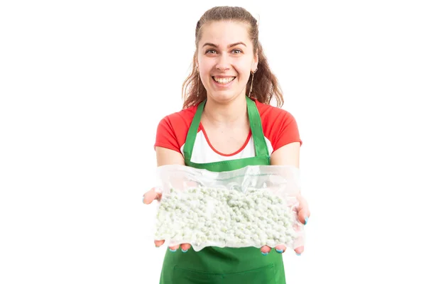 Cheerful Young Female Supermarket Retail Employee Offering Frozen Product Store — Stock Photo, Image