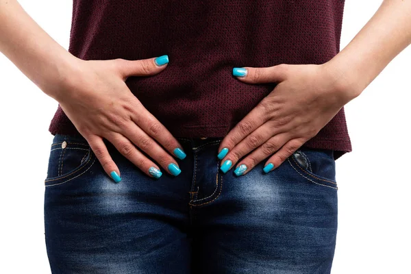 Close Mulheres Que Sofrem Dor Menstrual Abdômen Inferior Pressionando Ovário — Fotografia de Stock