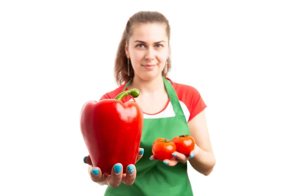 Young Woman Retail Store Employee Holding Red Pepper Tomatoes Fresh — Stock Photo, Image