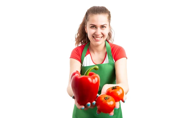 Young Woman Supermarket Retail Worker Offering Fresh Vegetables Healthy Tomatoes — Stock Photo, Image