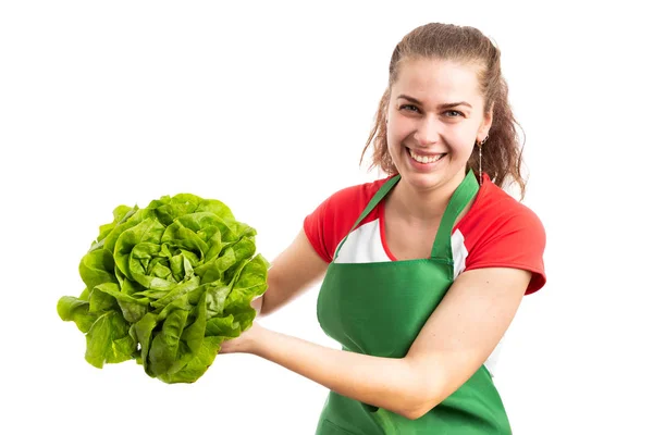 Young Female Grocery Retail Shop Employee Presenting Green Lettuce Fresh — Stock Photo, Image