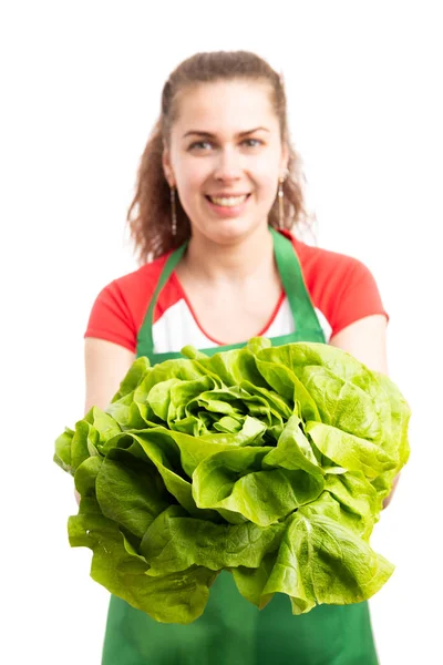 Young Happy Woman Supermarket Hypermarket Employee Offering Fresh Green Lettuce — Stock Photo, Image