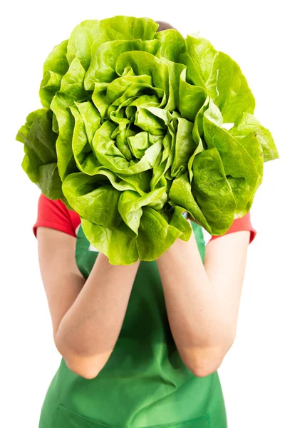 Supermercado Femenino Empleado Abarrotes Cubriendo Cara Con Lechuga Fresca Verde — Foto de Stock