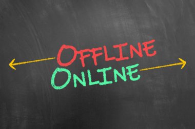 Çevrimdışı ve çevrimiçi tebeşir metni yazı tahtası veya internet pazarlama kavramı üzerinde çalışma olarak kara tahta