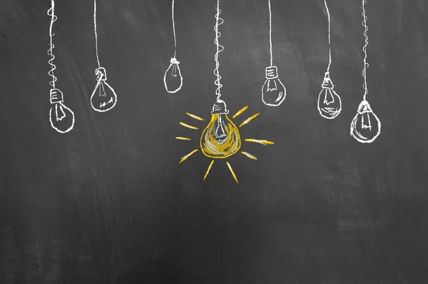 Great idea light bulb drawing on blackboard or chalkboard as bright innovation smart strategy concept