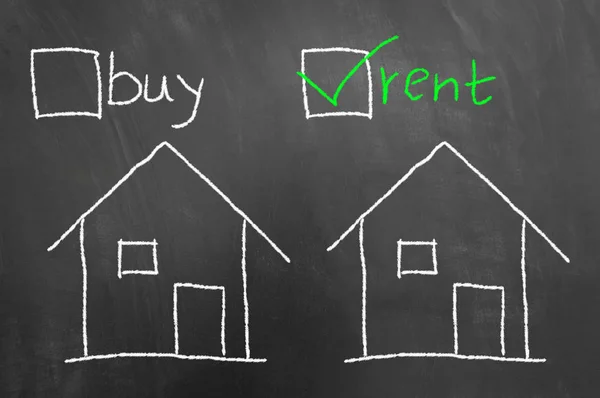 Buy rent house chalk drawing on blackboard or chalkboard with checkbox as real estate business housing choice concept