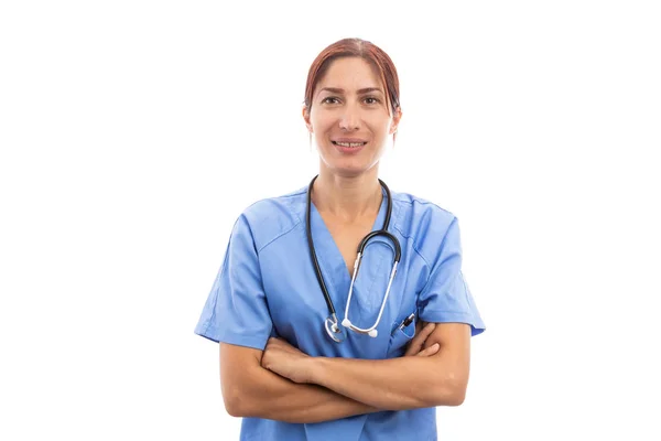 Πορτρέτο Του Γυναίκα Νοσοκόμα Γιατρό Χαμογελώντας Φορώντας Μπλε Και Στηθοσκόπιο — Φωτογραφία Αρχείου