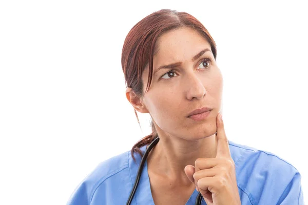Enfermera Doctora Preguntándose Haciendo Gestos Pensamiento Expresión Como Meditando Para — Foto de Stock