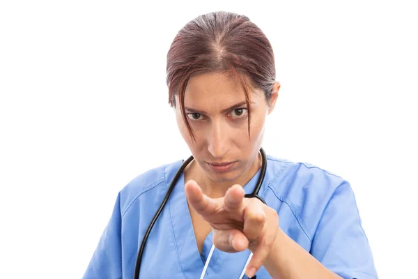 Enfermeira Infeliz Perturbada Médico Fazendo Observá Gesto Com Dedos Como — Fotografia de Stock