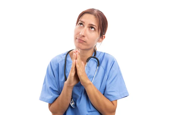 Θρησκόληπτη Γυναίκα Νοσοκόμα Γιατρό Που Προσεύχεται Χειρονομία Ιατρική Πίστη Ελπίζει — Φωτογραφία Αρχείου
