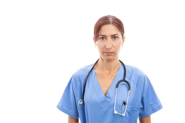 Portret Van Vrouw Vrouwelijke Verpleegkundige Arts Blauwe Scrubs Stethoscoop Dragen — Stockfoto