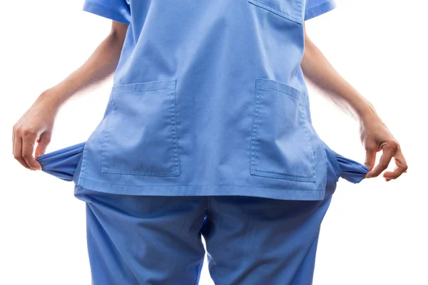 Closeup Έσπασε Θηλυκό Νοσοκόμα Χέρια Τραβώντας Έξω Τσέπες Άδειο Τρίβει — Φωτογραφία Αρχείου