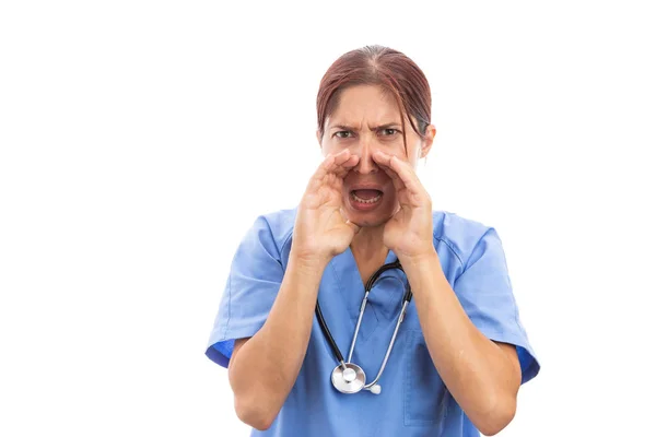 Θυμωμένος Θηλυκό Νοσοκόμα Γιατρό Ουρλιάζοντας Χέρια Στο Στόμα Μανιώδη Νοσοκομείο — Φωτογραφία Αρχείου