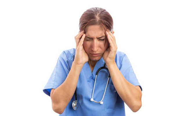 Pielęgniarka Szpital Przepracowany Cierpienie Ból Głowy Posiadających Świątynie Jako Stres — Zdjęcie stockowe